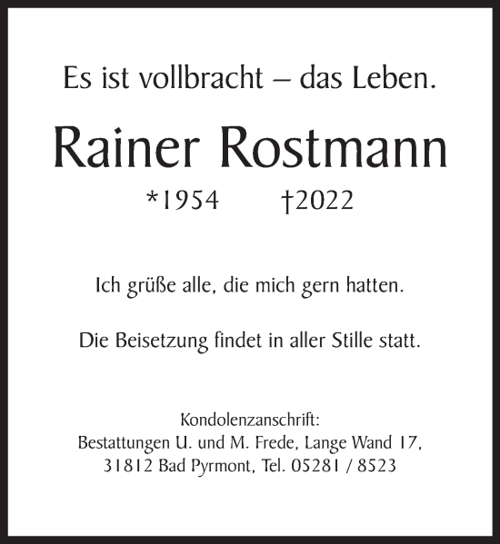 Traueranzeige von Rainer Rostmann von Deister- und Weserzeitung