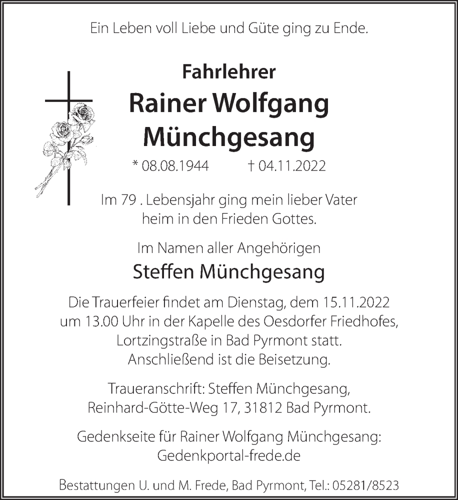  Traueranzeige für Rainer Wolfgang Münchgesang vom 12.11.2022 aus Deister- und Weserzeitung
