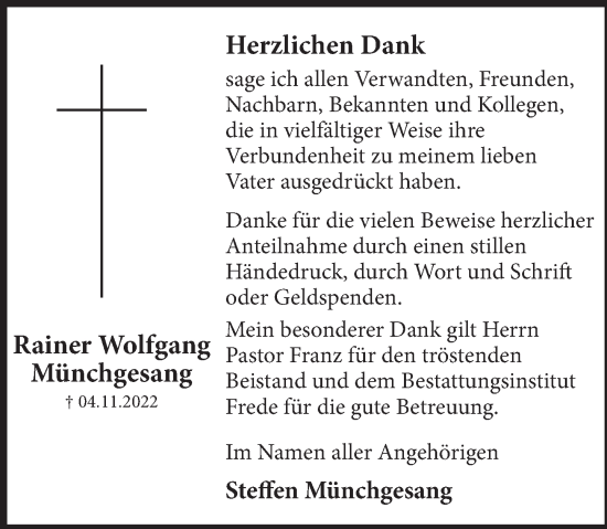 Traueranzeige von Rainer Wolfgang Münchgesang von Deister- und Weserzeitung