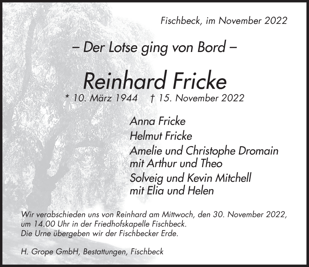  Traueranzeige für Reinhard Fricke vom 24.11.2022 aus Deister- und Weserzeitung