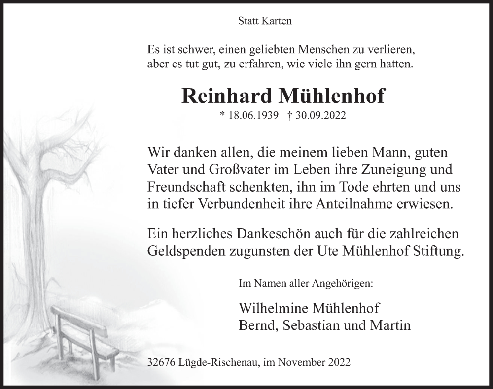  Traueranzeige für Reinhard Mühlenhof vom 05.11.2022 aus Deister- und Weserzeitung