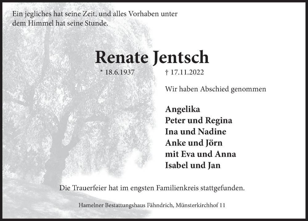  Traueranzeige für Renate Jentsch vom 03.12.2022 aus Deister- und Weserzeitung