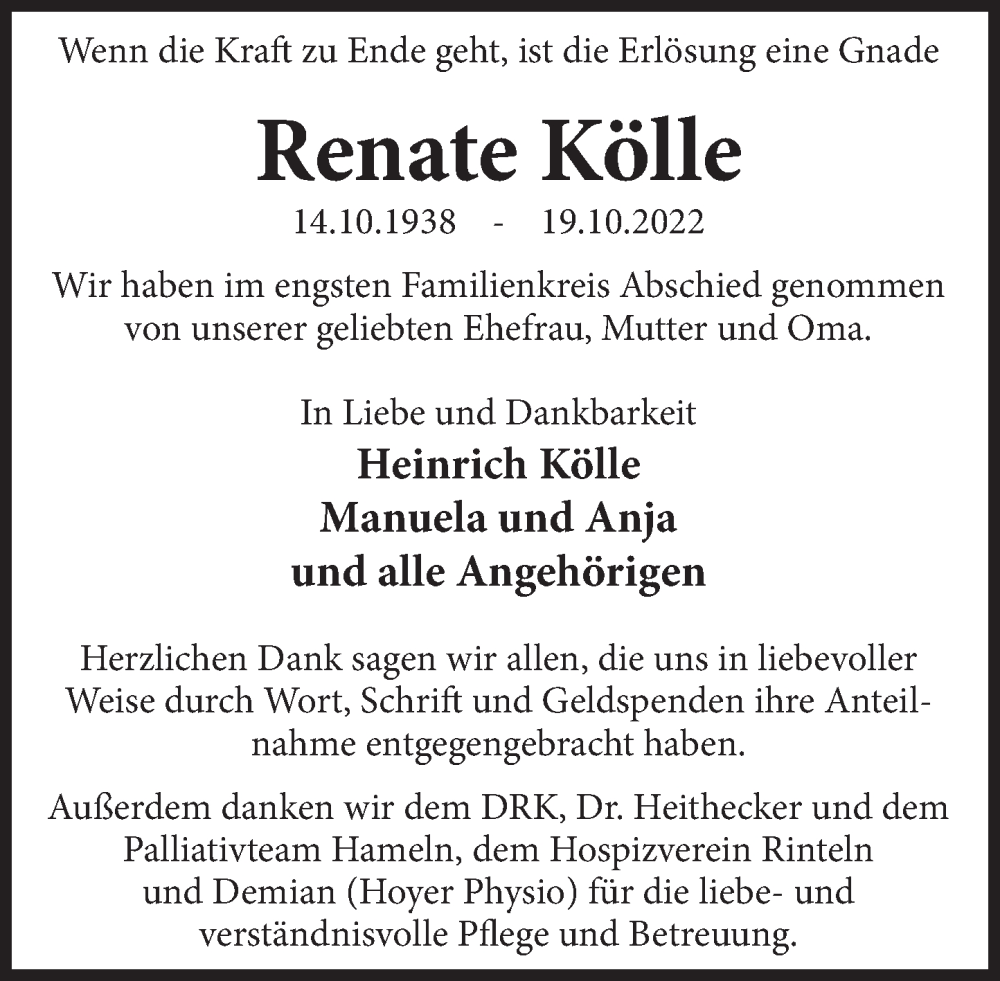  Traueranzeige für Renate Kölle vom 05.11.2022 aus Deister- und Weserzeitung