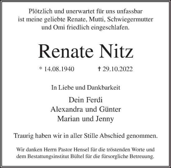 Traueranzeige von Renate Nitz von Deister- und Weserzeitung