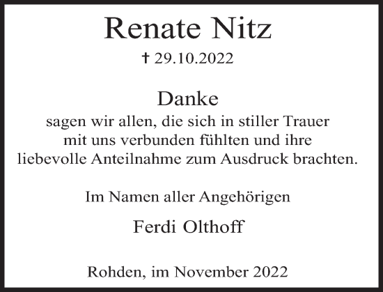 Traueranzeige von Renate Nitz von Deister- und Weserzeitung