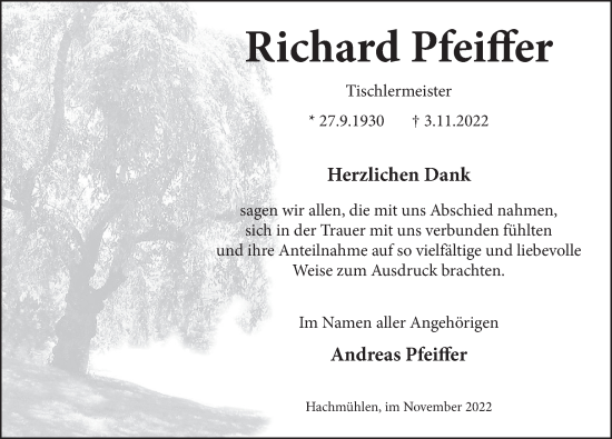 Traueranzeige von Richard Pfeiffer von Neue Deister-Zeitung