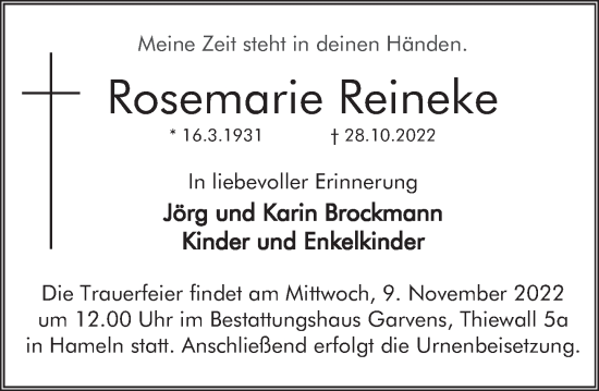 Traueranzeige von Rosemarie Reineke von Deister- und Weserzeitung