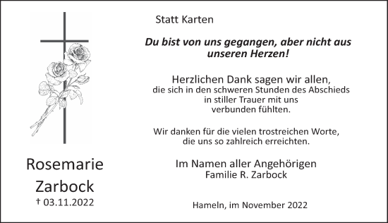 Traueranzeige von Rosemarie Zarbock von Deister- und Weserzeitung