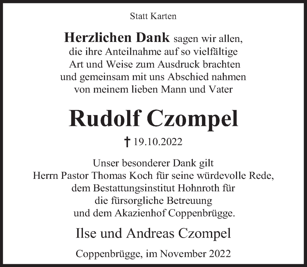  Traueranzeige für Rudolf Czompel vom 05.11.2022 aus Deister- und Weserzeitung