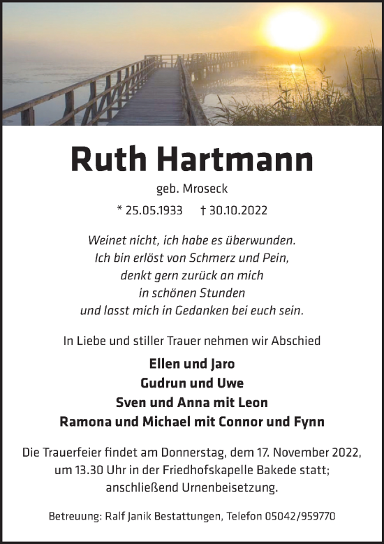 Traueranzeige von Ruth Hartmann von Neue Deister-Zeitung