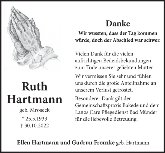 Traueranzeige von Ruth Hartmann von Neue Deister-Zeitung
