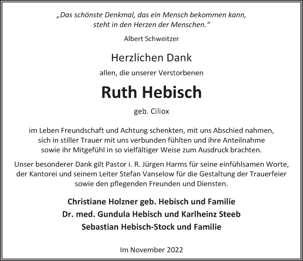  Traueranzeige für Ruth Hebisch vom 12.11.2022 aus Deister- und Weserzeitung