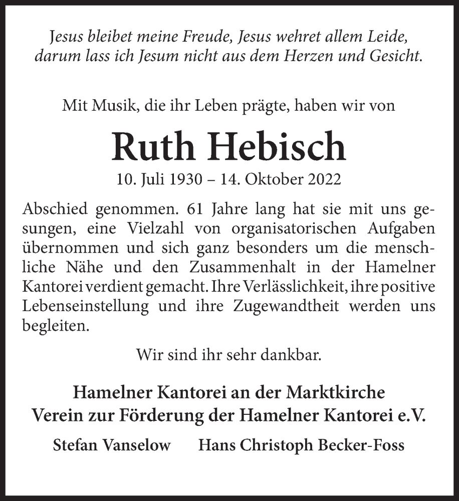  Traueranzeige für Ruth Hebisch vom 05.11.2022 aus Deister- und Weserzeitung