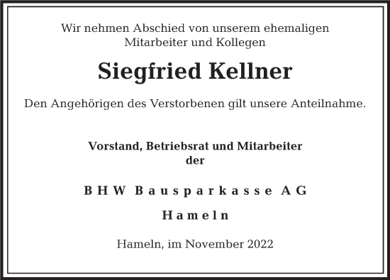Traueranzeige von Siegfried Kellner von Deister- und Weserzeitung