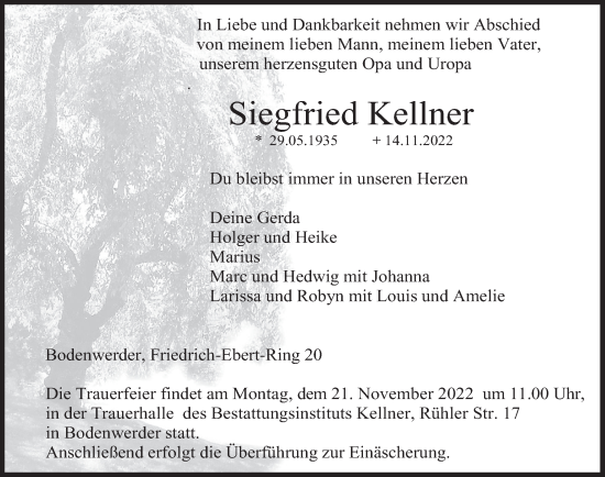 Traueranzeige von Siegfried Kellner von Deister- und Weserzeitung