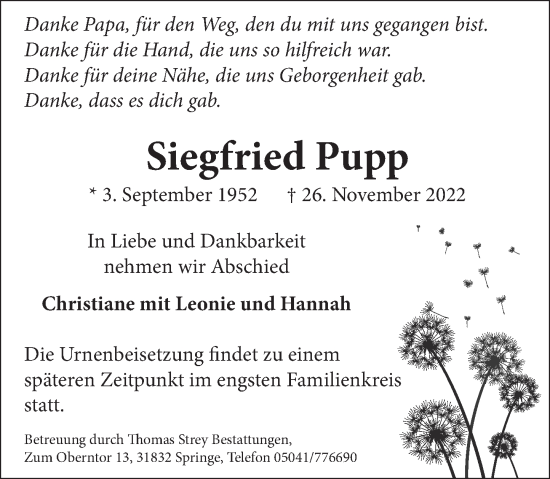 Traueranzeige von Siegfried Pupp von Neue Deister-Zeitung
