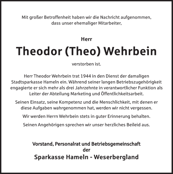 Traueranzeige von Theodor Wehrbein von Deister- und Weserzeitung