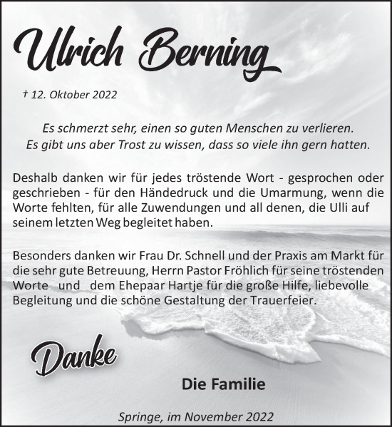 Traueranzeige von Ulrich Berning von Neue Deister-Zeitung