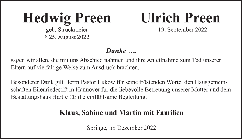  Traueranzeige für Ulrich Preen vom 03.12.2022 aus Neue Deister-Zeitung