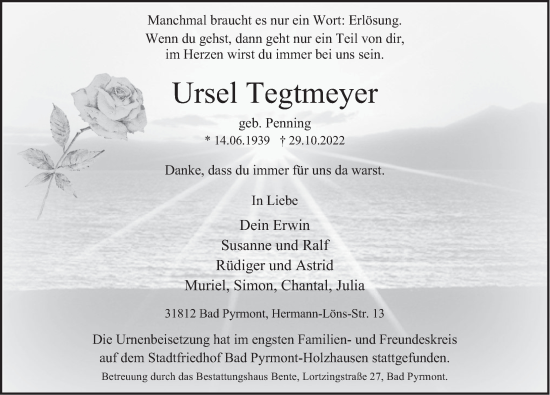 Traueranzeige von Ursel Tegtmeyer von Deister- und Weserzeitung