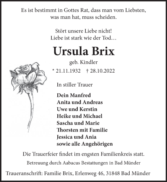 Traueranzeige von Ursula Brix von Neue Deister-Zeitung