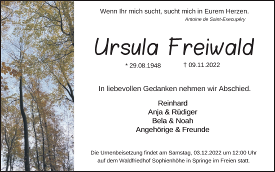 Traueranzeige von Ursula Freiwald von Neue Deister-Zeitung