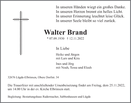 Traueranzeige von Walter Brand von Deister- und Weserzeitung