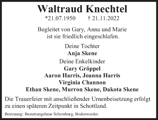 Traueranzeige von Waltraud Knechtel von Deister- und Weserzeitung