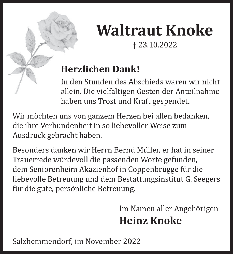  Traueranzeige für Waltraut Knoke vom 19.11.2022 aus Deister- und Weserzeitung