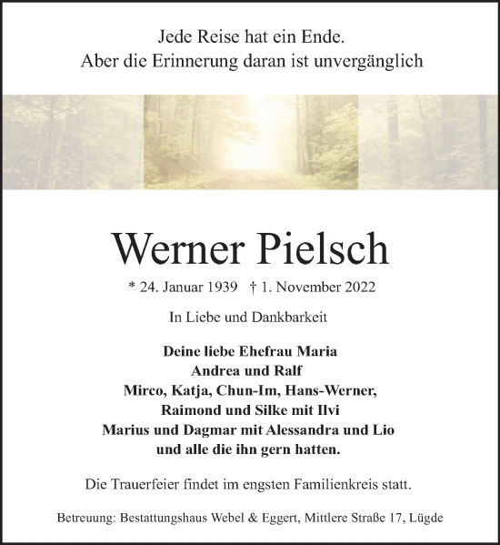 Traueranzeige von Werner Pielsch von Deister- und Weserzeitung
