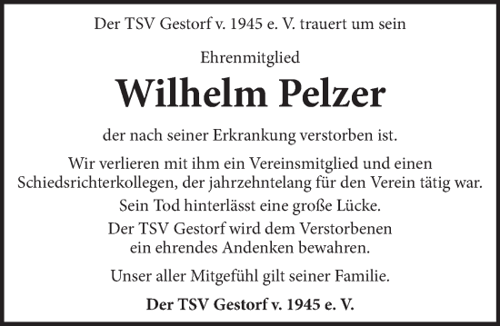 Traueranzeige von Wilhelm Pelzer von Neue Deister-Zeitung