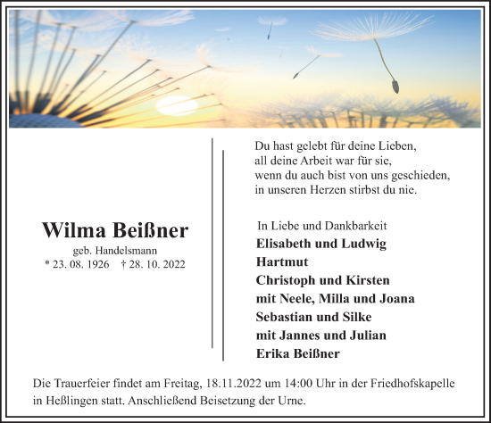 Traueranzeige von Wilma Beißner von Deister- und Weserzeitung