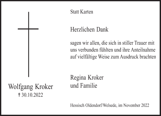 Traueranzeige von Wolfgang Kroker von Deister- und Weserzeitung