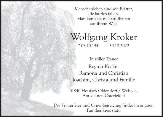 Traueranzeige von Wolfgang Kroker von Deister- und Weserzeitung