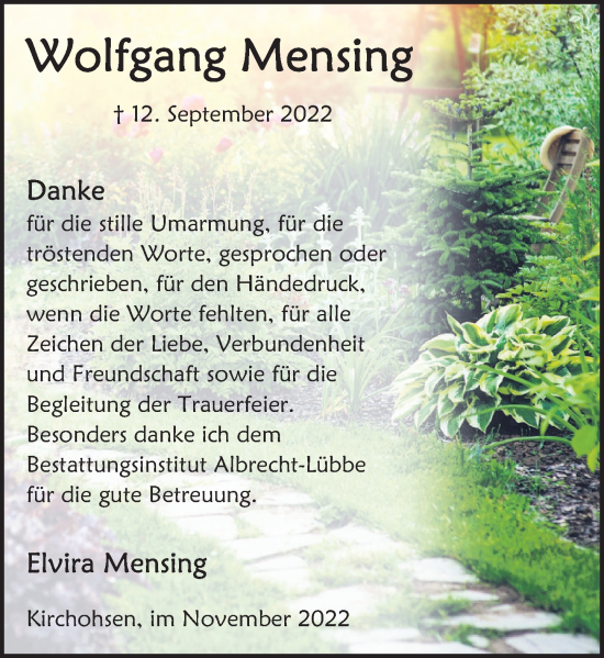 Traueranzeige von Wolfgang Mensing von Deister- und Weserzeitung