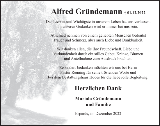 Traueranzeige von Alfred Gründemann von Deister- und Weserzeitung