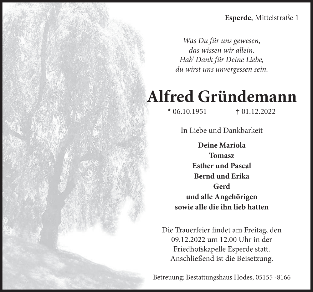 Traueranzeige für Alfred Gründemann vom 07.12.2022 aus Deister- und Weserzeitung