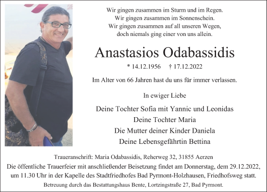 Traueranzeige von Anastasios Odabassidis von Deister- und Weserzeitung