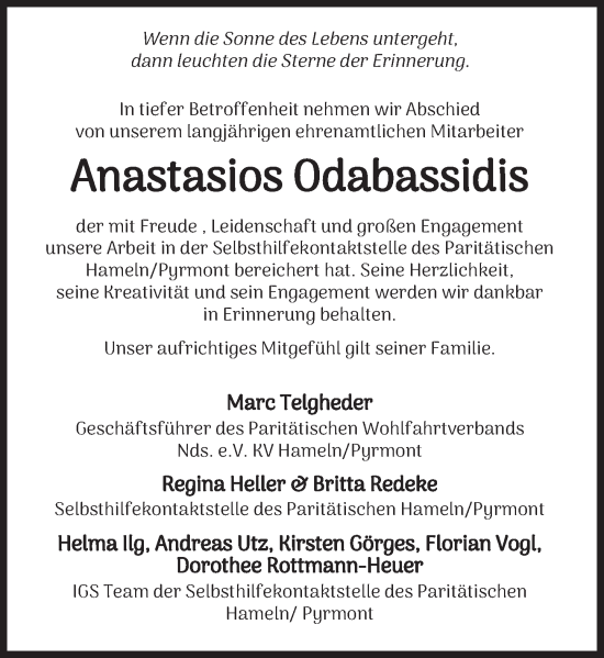 Traueranzeige von Anastasios Odabassidis von Deister- und Weserzeitung