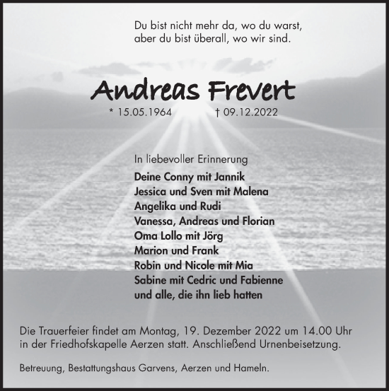 Traueranzeige von Andreas Frevert von Deister- und Weserzeitung