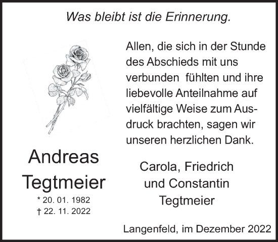 Traueranzeige von Andreas Tegtmeier von Deister- und Weserzeitung