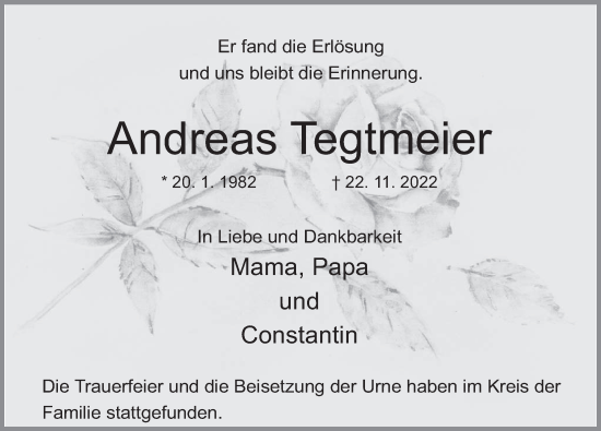 Traueranzeige von Andreas Tegtmeier von Deister- und Weserzeitung