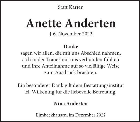 Traueranzeige von Anette Anderten von Neue Deister-Zeitung