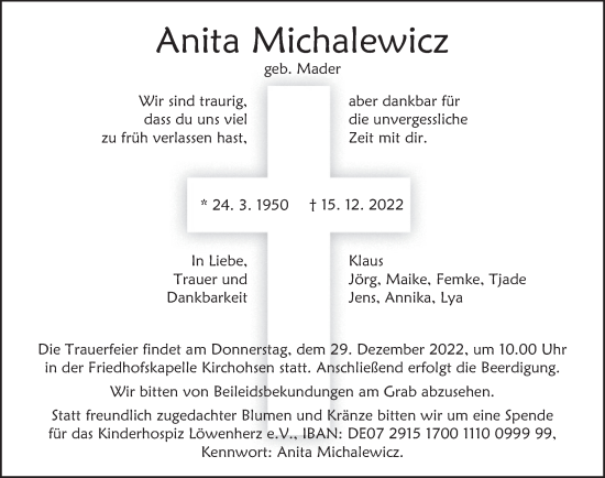 Traueranzeige von Anita Michalewicz von Deister- und Weserzeitung