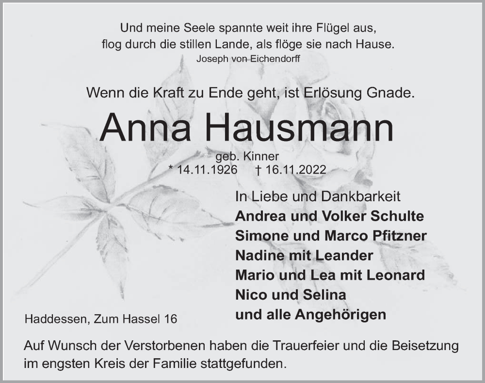  Traueranzeige für Anna Hausmann vom 03.12.2022 aus Deister- und Weserzeitung