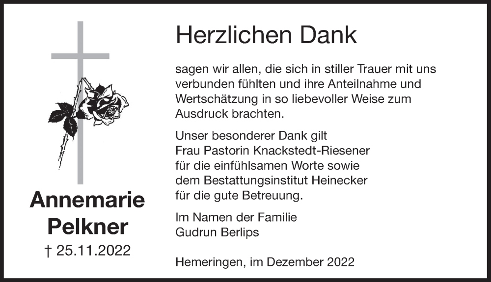  Traueranzeige für Annemarie Pelkner vom 17.12.2022 aus Deister- und Weserzeitung