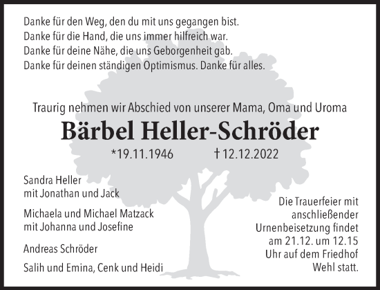 Traueranzeige von Bärbel Heller-Schröder von Deister- und Weserzeitung