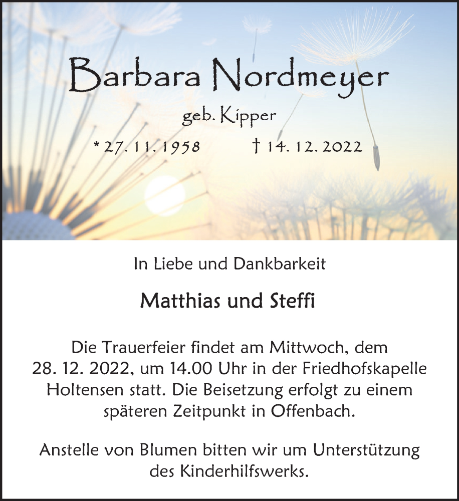  Traueranzeige für Barbara Nordmeyer vom 27.12.2022 aus Deister- und Weserzeitung