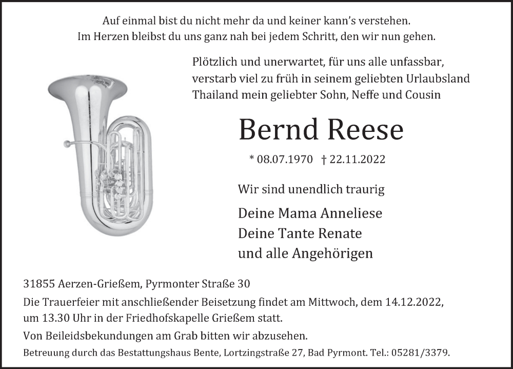  Traueranzeige für Bernd Reese vom 12.12.2022 aus Deister- und Weserzeitung