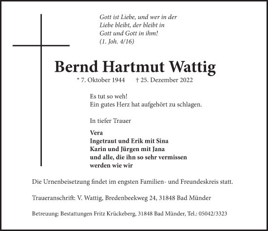 Traueranzeige von Bernd Hartmut Wattig von Neue Deister-Zeitung